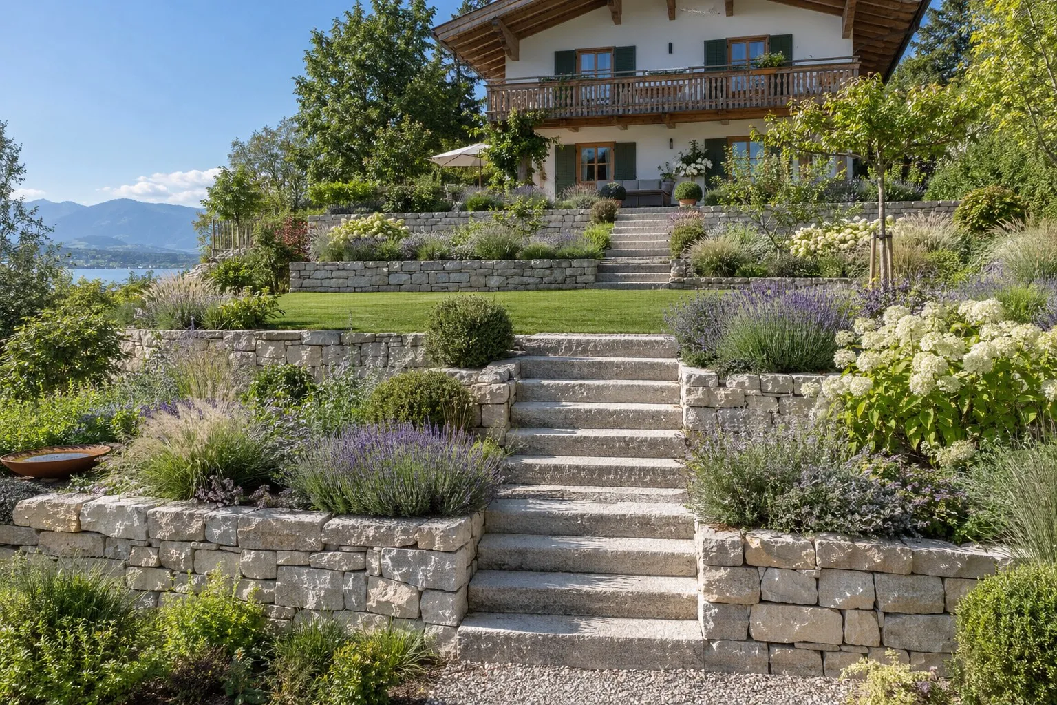 Hanggarten mit Terrassen aus Natursteinmauern, mittiger Steintreppe, Lavendel und Gräsern unter einem Haus mit Holzbalkon