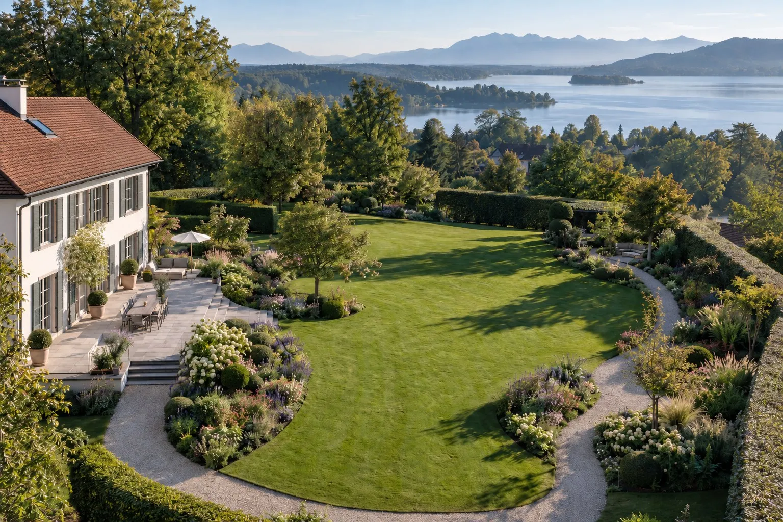 Luftbild eines Landhausgartens mit Rasen, geschwungenen Staudenbeeten, Terrasse und Kiesweg, dahinter ein See vor Bergen