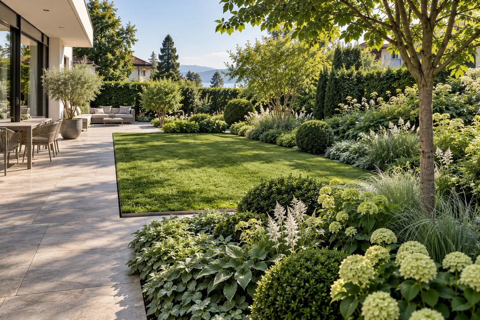 Garten am modernen Haus mit Terrasse aus Natursteinplatten, Rasen mit Stahlkante und dicht bepflanzten Beeten