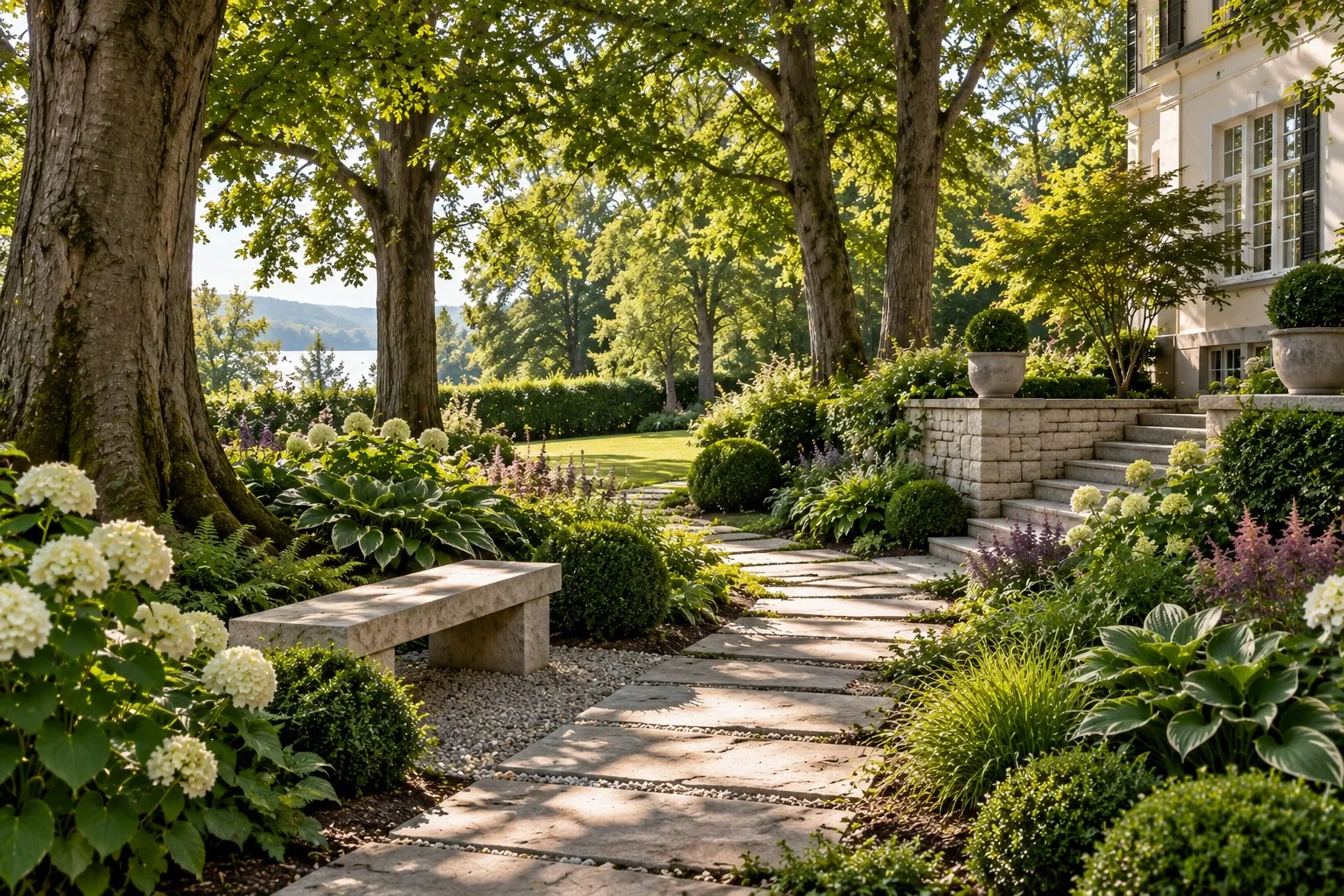 Schattiger Garten unter alten Laubbäumen mit Funkien, Farnen und Hortensien, Weg aus Natursteinplatten und Steinbank