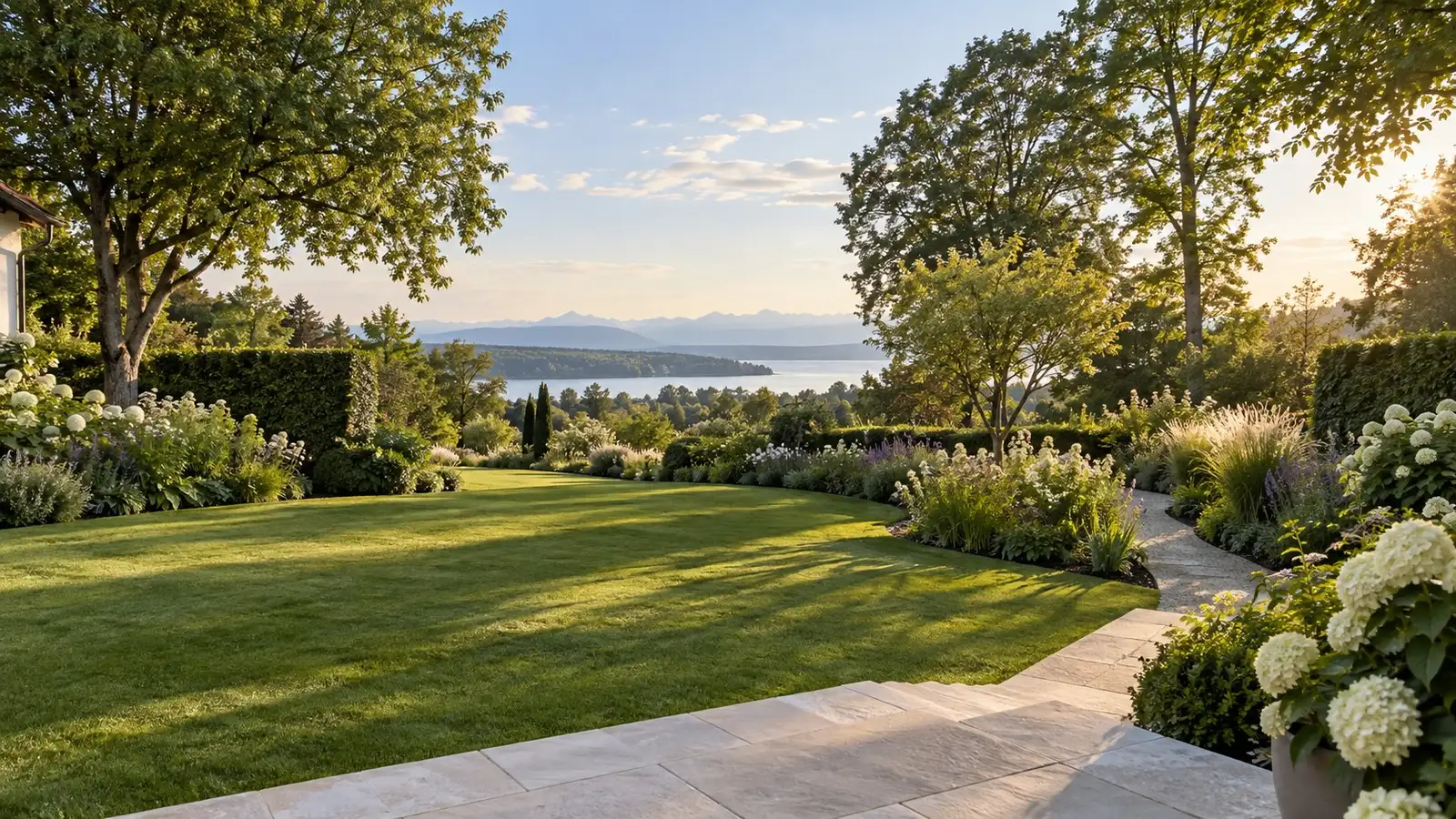 Gestalteter Garten mit Natursteinterrasse, geschwungenem Rasen und Staudenbeeten, dahinter ein See vor den Bergen