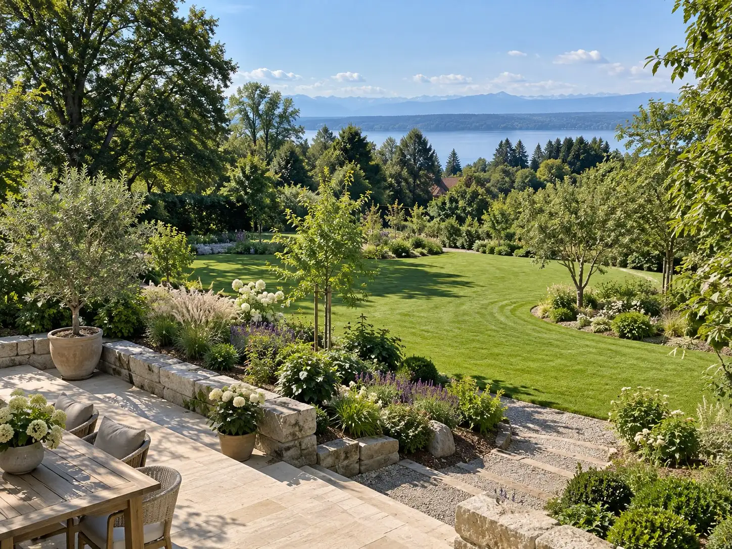 Neu angelegter Garten mit Natursteinterrasse, Trockenmauer, jungen Beeten und großer Rasenfläche