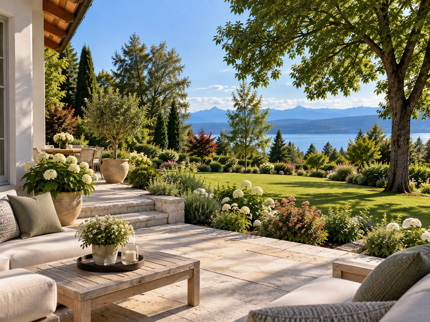 Blick von einer Terrasse mit Sitzmöbeln über einen gepflegten Garten auf einen See