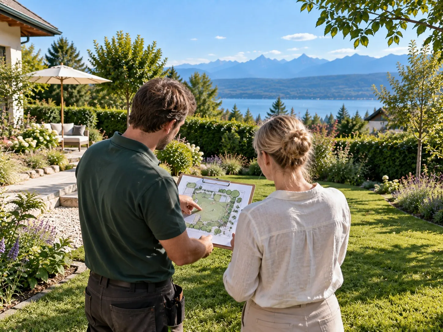 Gartenberater zeigt einer Kundin im Garten einen Gartenplan auf einem Klemmbrett
