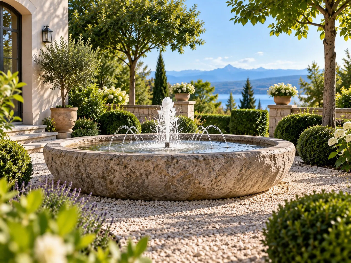 Runder Natursteinbrunnen mit Fontäne auf einem Kiesplatz vor einem Haus