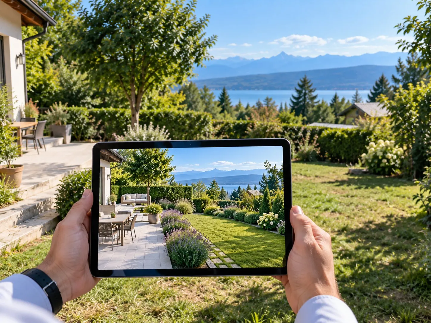 Tablet vor einem Garten, auf dem Bildschirm die Planung desselben Gartens