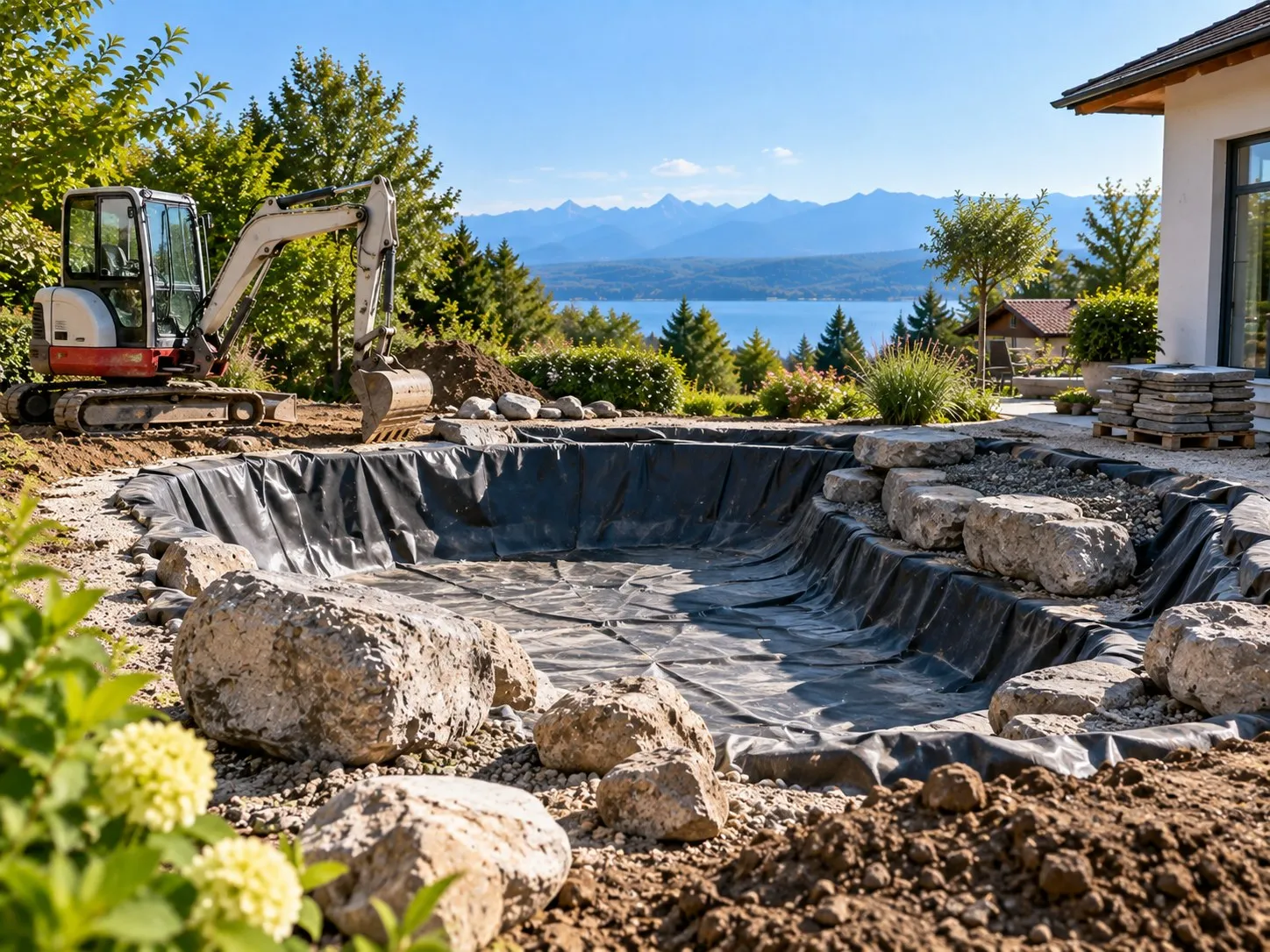 Teich im Bau: Grube mit Teichfolie, Natursteine am Rand, dahinter ein Minibagger