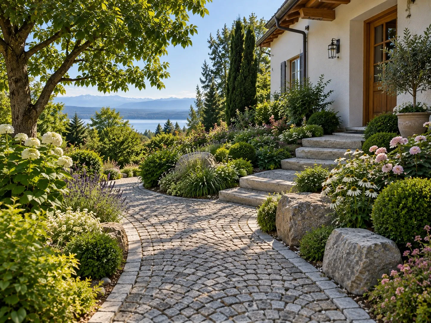 Geschwungener Weg aus Granitpflaster mit Natursteinstufen zum Hauseingang