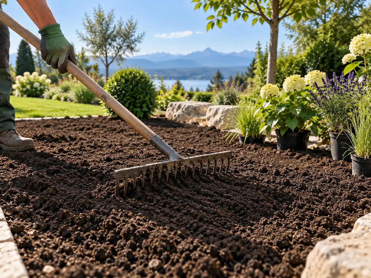 Humuserde wird mit einem Rechen auf einem neuen Beet verteilt, daneben Pflanzen in Töpfen