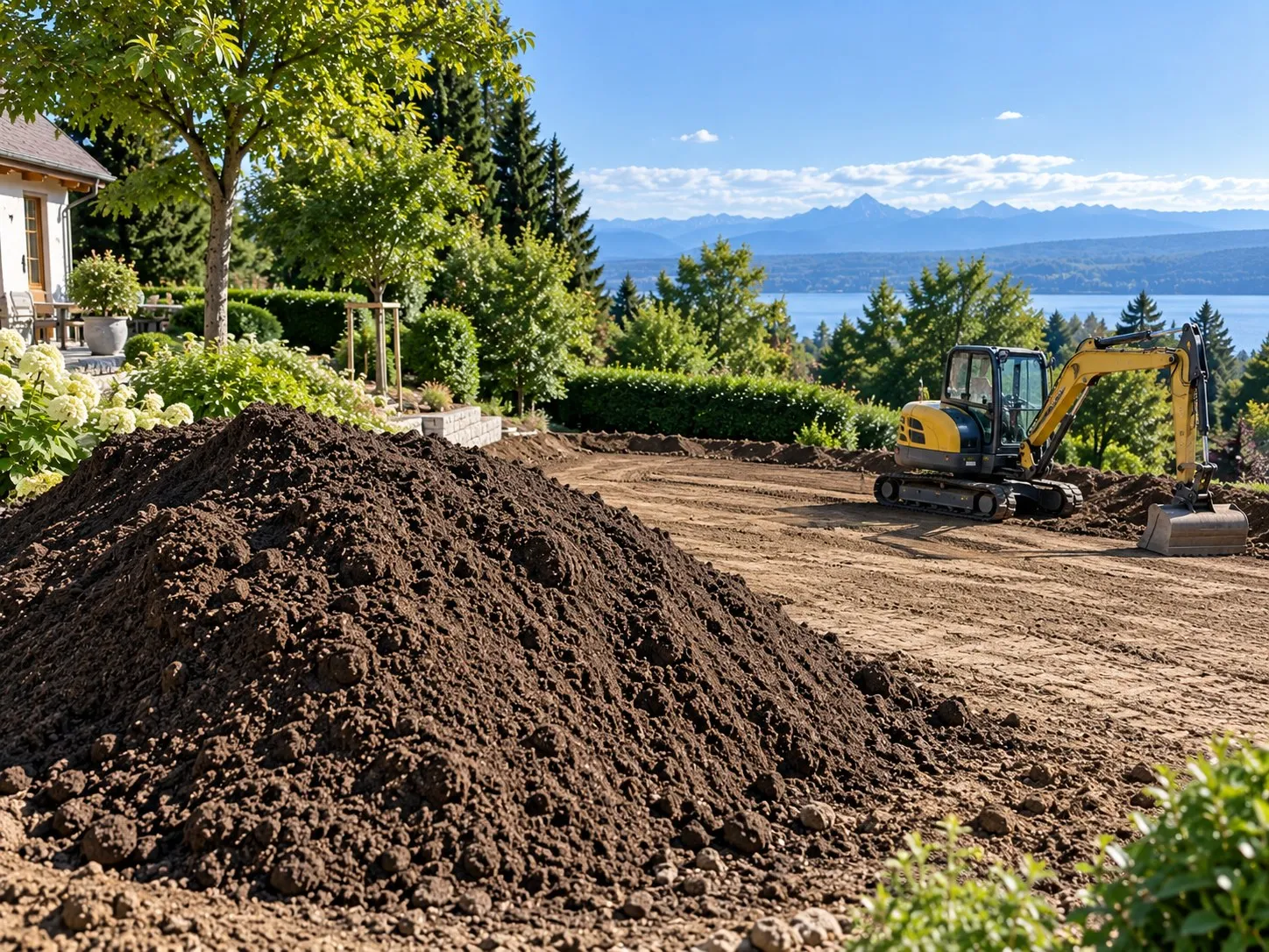 Haufen dunkler Mutterboden auf einer planierten Gartenfläche, im Hintergrund ein Minibagger