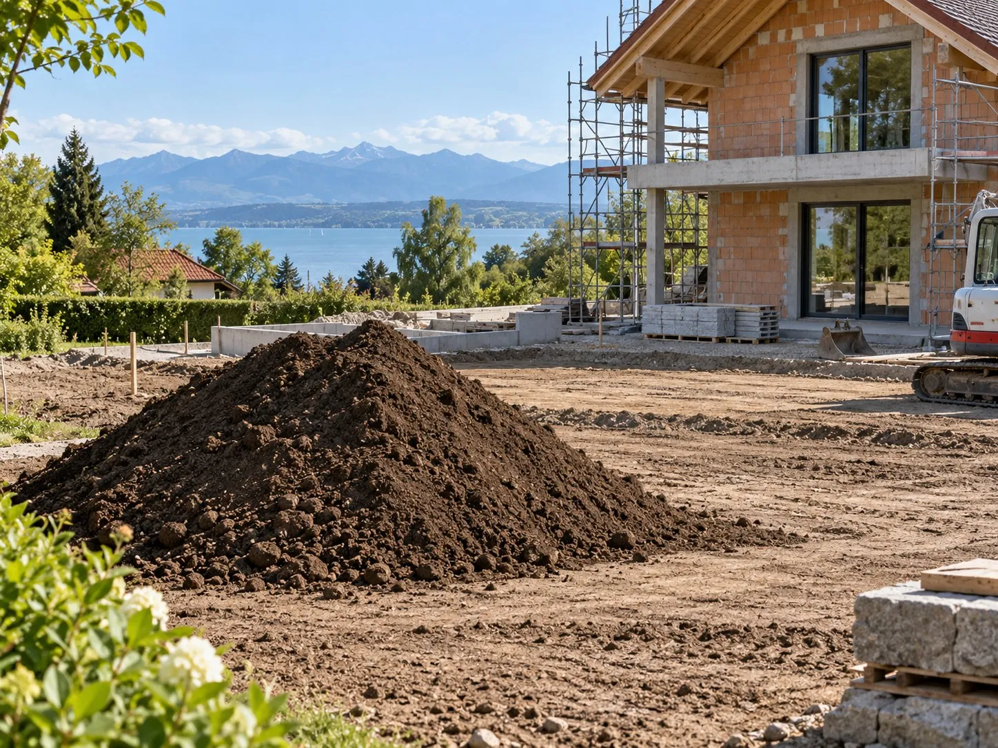 Gelagerter Oberboden auf einer Baustelle, dahinter ein Haus im Rohbau mit Gerüst