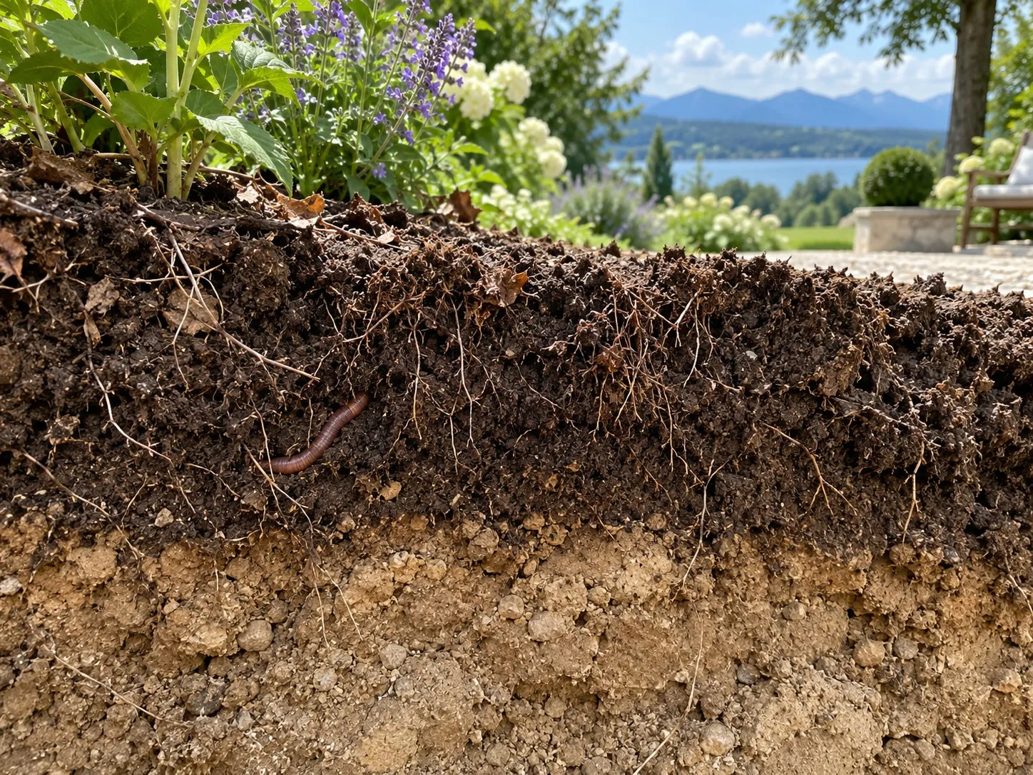 Anschnitt durch Gartenboden mit dunkler Humusschicht über hellem Unterboden, Wurzeln und Regenwurm
