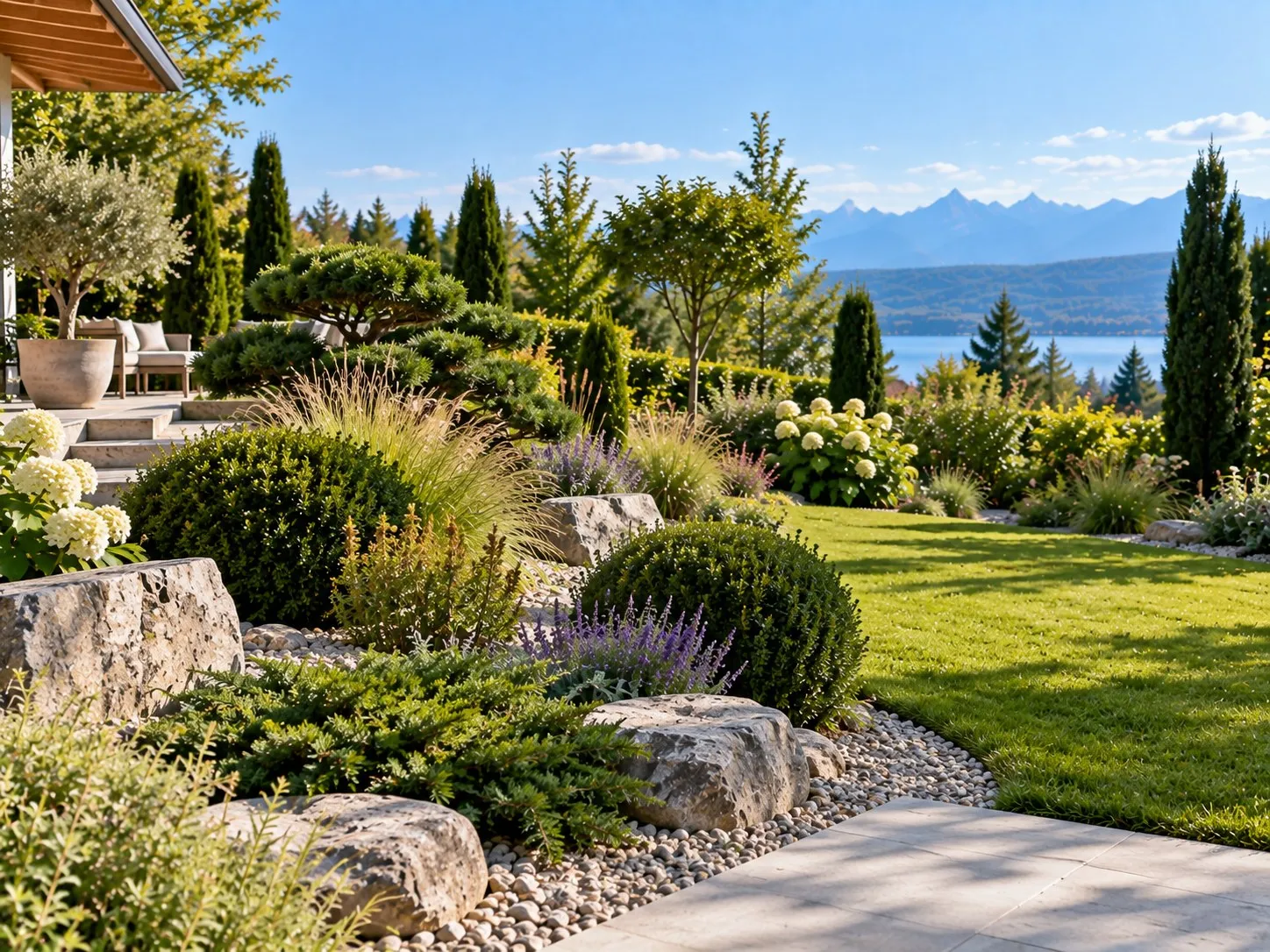 Pflegeleichter Garten mit Findlingen, Kies, Gräsern, Buchskugeln und immergrünen Sträuchern