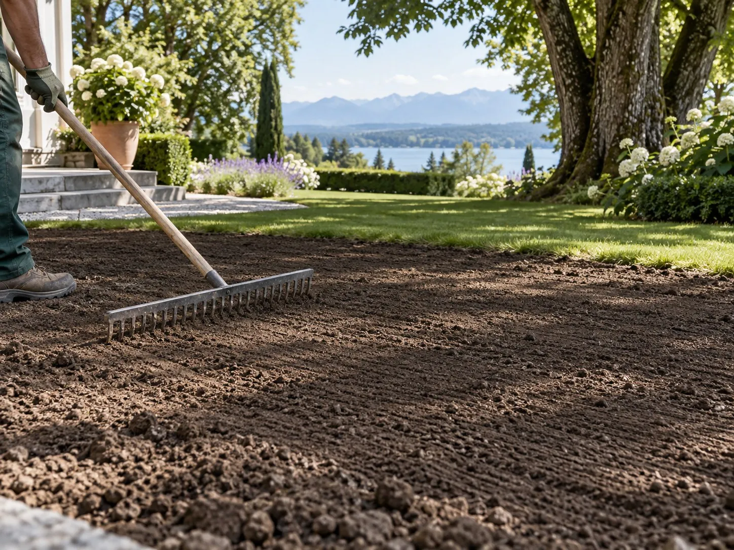 Gärtner zieht gelockerten Boden mit dem Rechen ab, im Schatten eines großen Baumes