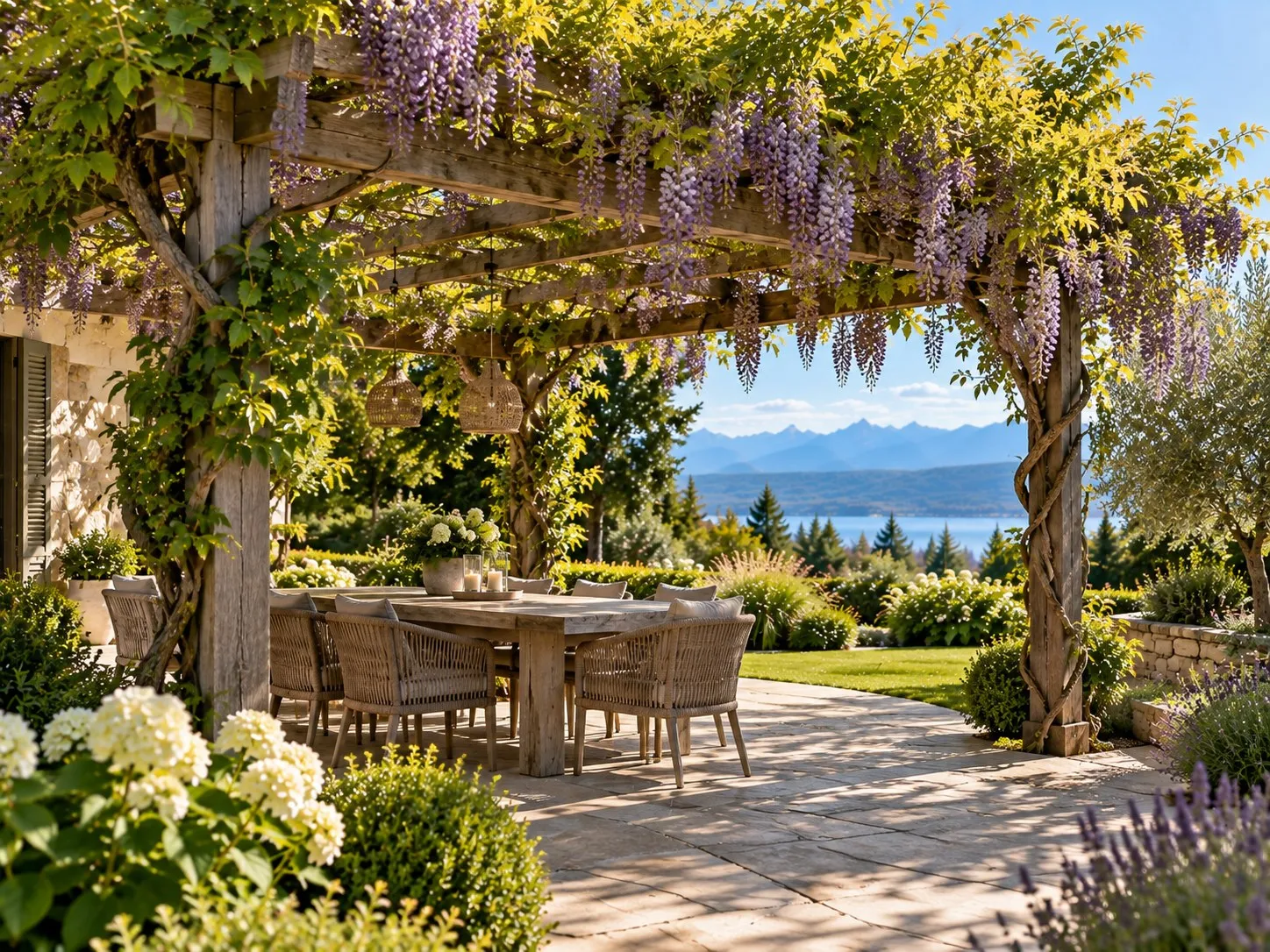Holzpergola mit blühender Glyzinie über Tisch und Stühlen auf einer Natursteinterrasse