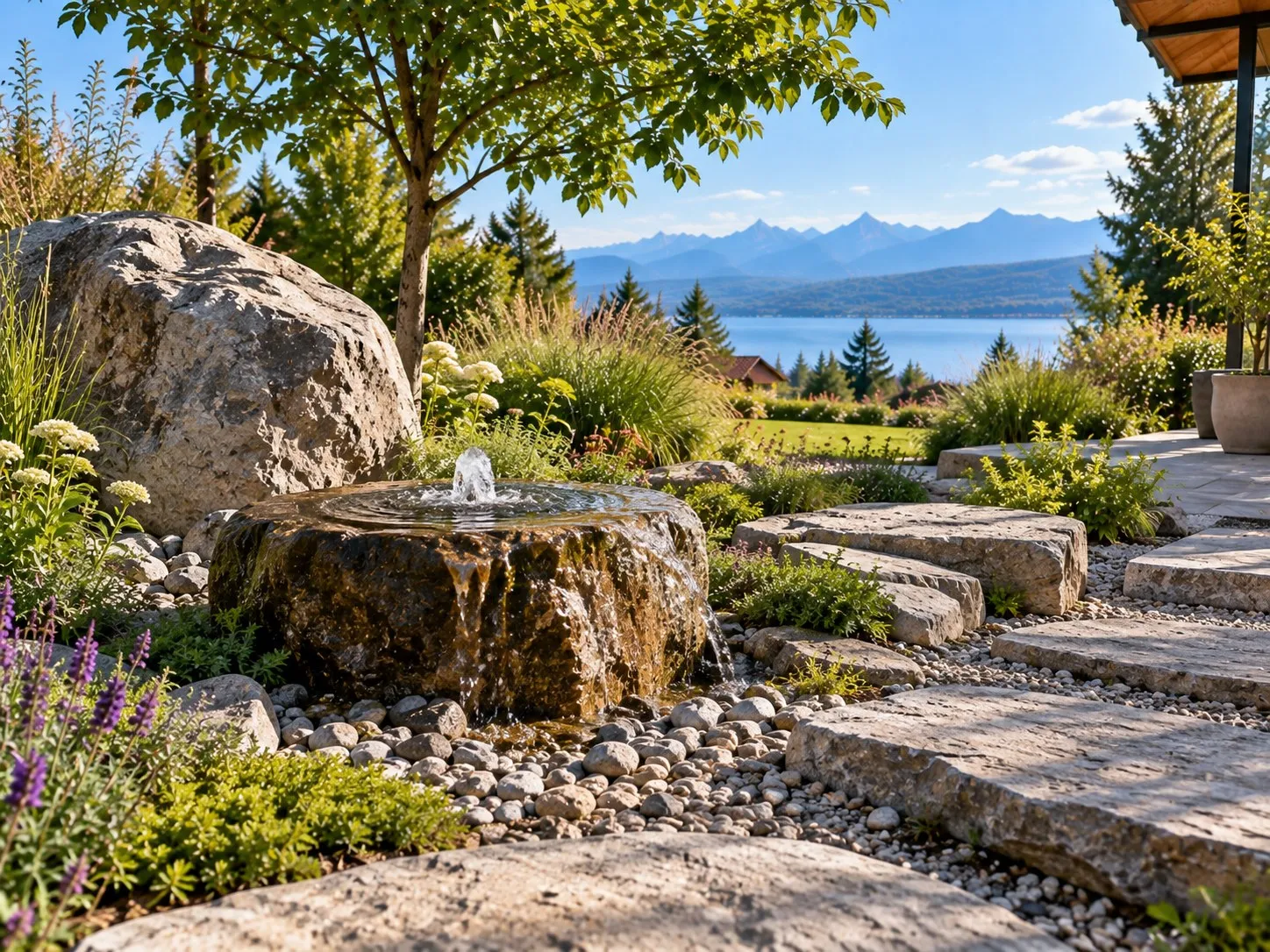 Findling, Quellstein mit sprudelndem Wasser und Natursteinplatten zwischen Kies und Stauden