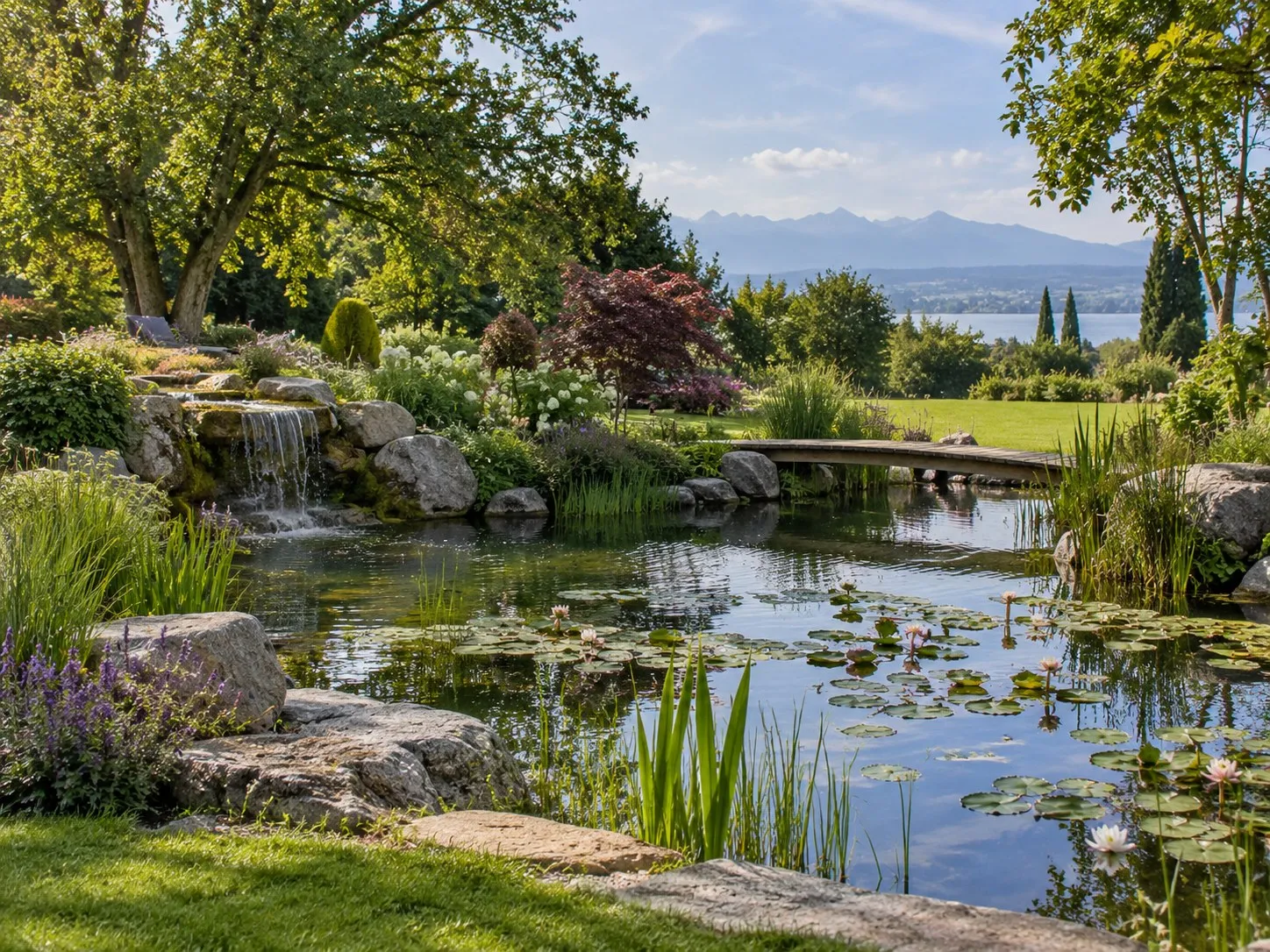 Naturteich mit Seerosen, Natursteinufer, kleinem Wasserfall und Holzbrücke