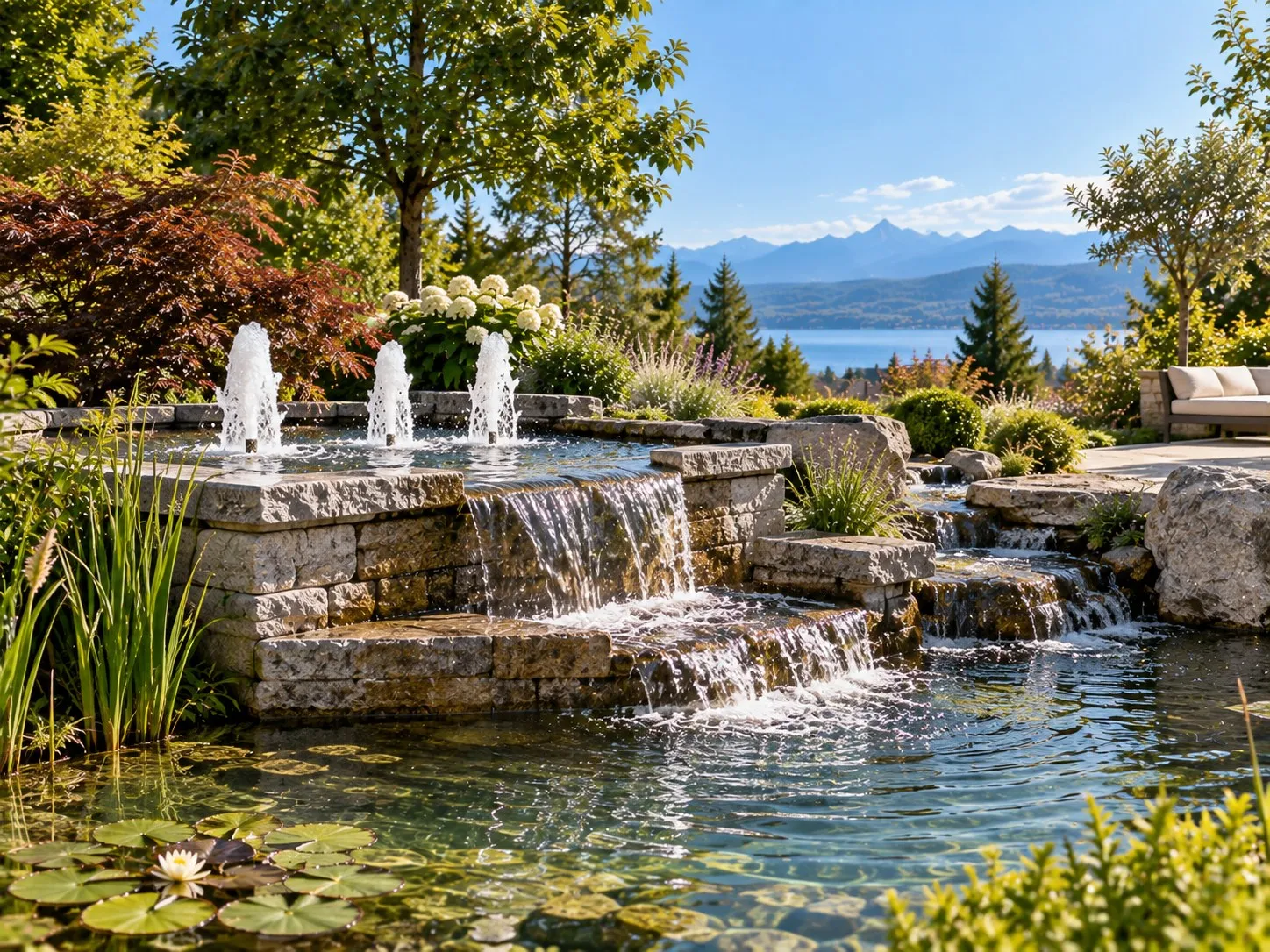 Wasserspiel mit drei Fontänen und Wasserfall über Steinstufen in einen Teich