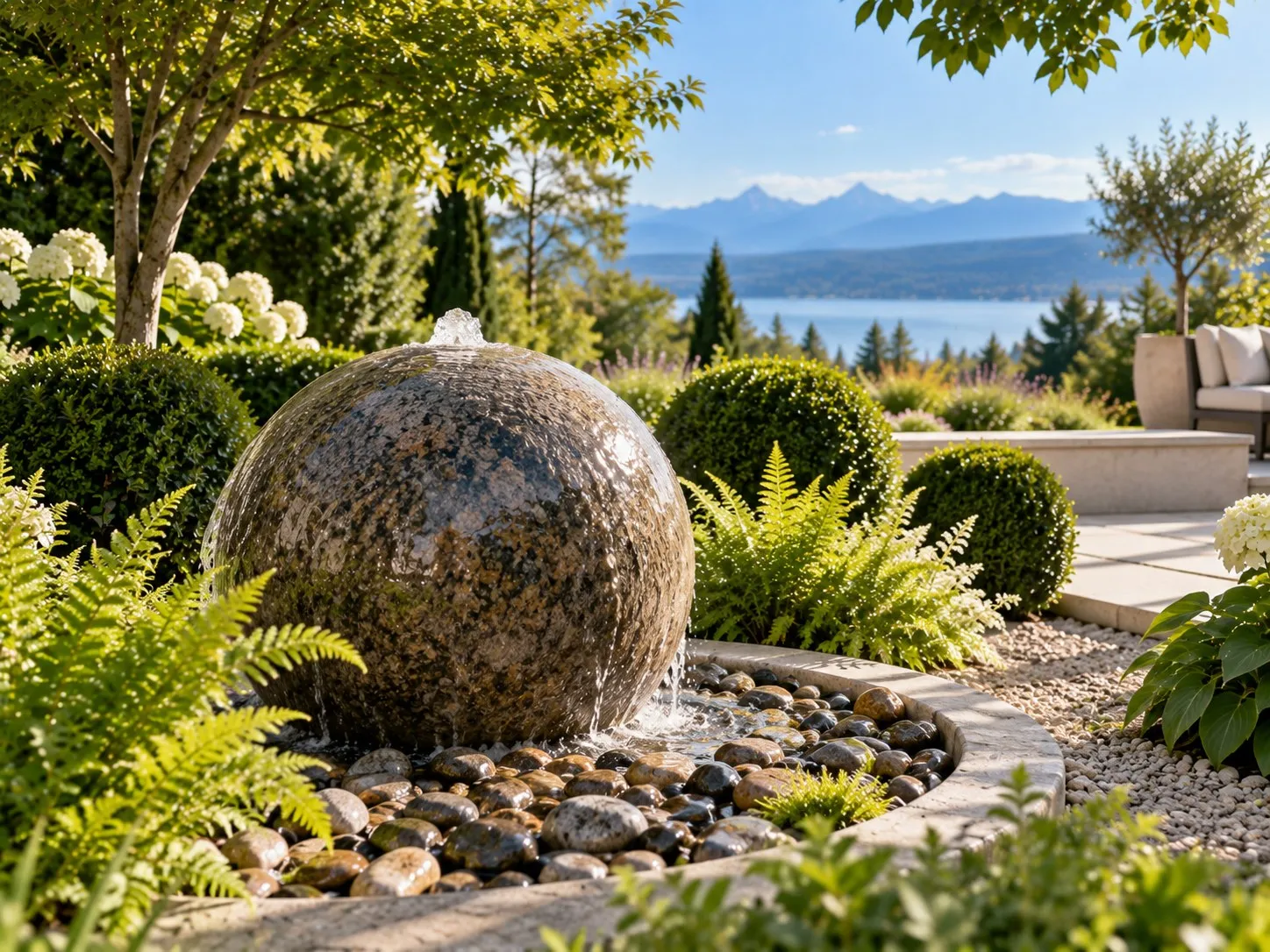 Zierbrunnen aus einer Steinkugel, über die Wasser läuft, umgeben von Kieseln und Farnen