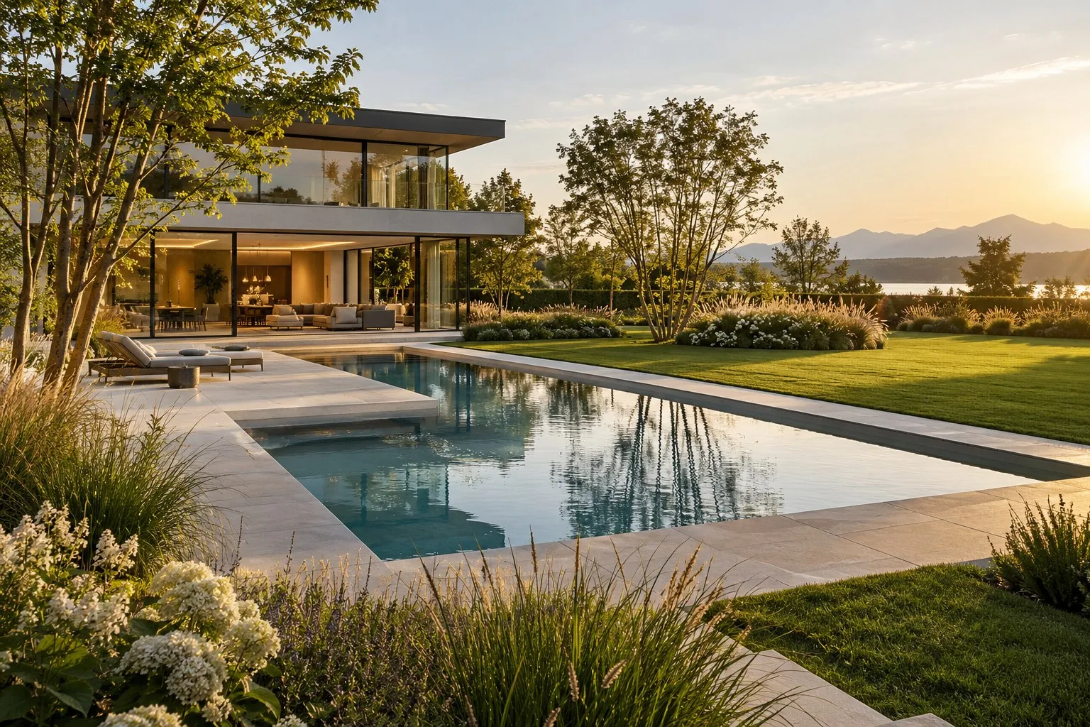 Moderne Villa mit Glasfront und rechteckigem Pool, eingefasst mit hellen Natursteinplatten, im Abendlicht