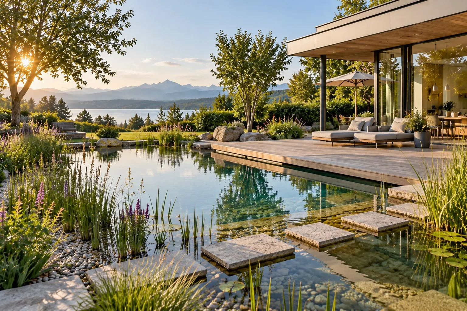 Schwimmteich mit Holzdeck und Trittsteinen vor einem modernen Haus mit großen Fenstern