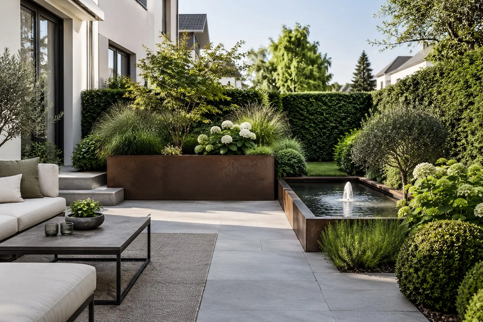 Stadtgarten mit Terrasse aus großen Steinplatten, Hochbeet aus Cortenstahl und schmalem Wasserbecken mit Springbrunnen