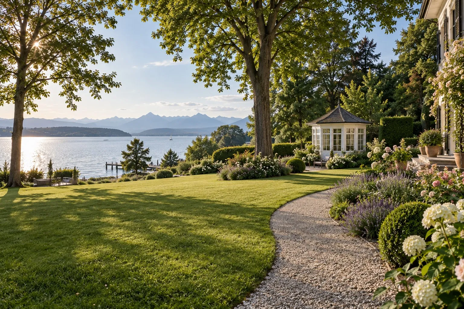Villengarten am Seeufer mit Rasen, geschwungenem Kiesweg, Staudenbeeten und weißem Holzpavillon